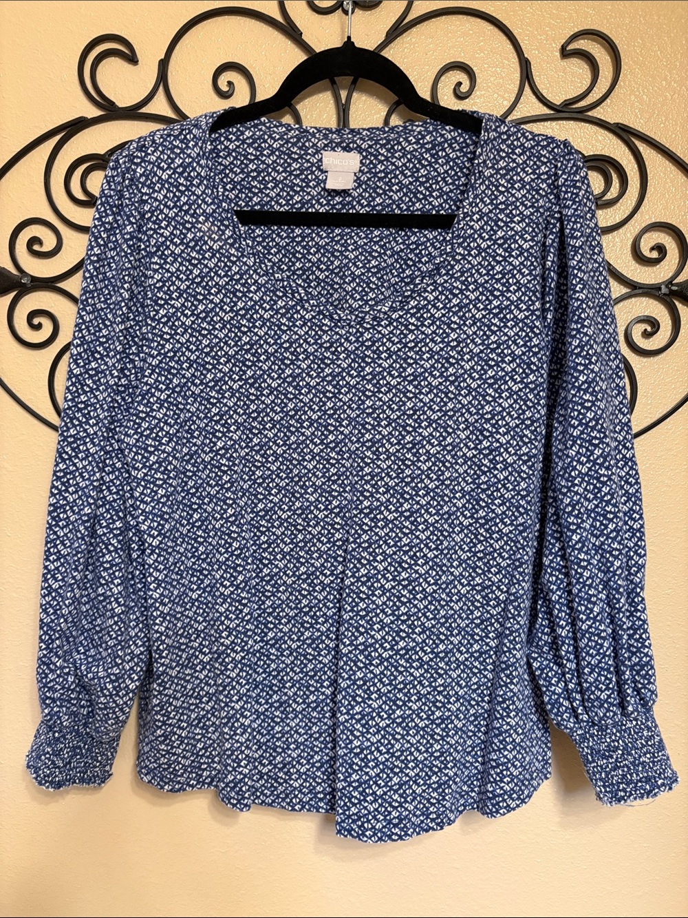Chico's Blue and White Printed Long-Sleeve Blouse